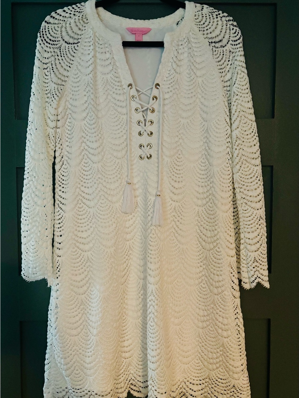 Lilly Pulitzer White Long Sleeve Lined Dress Lace Up with Tassel